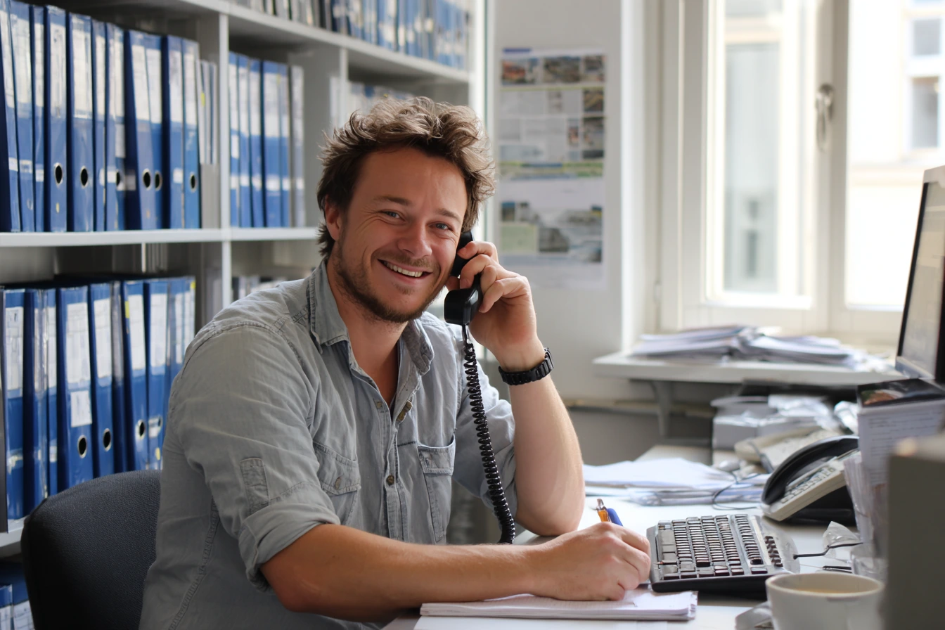 Mann sitz an einem Schreibtisch und hat ein Telefon am Ohr.